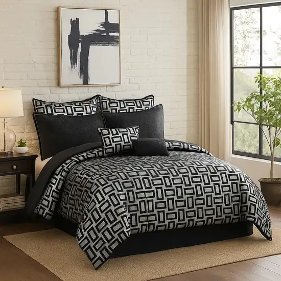 6 Piece Polyester King Comforter Set with Geometric Print, Gray and Black Photo 7