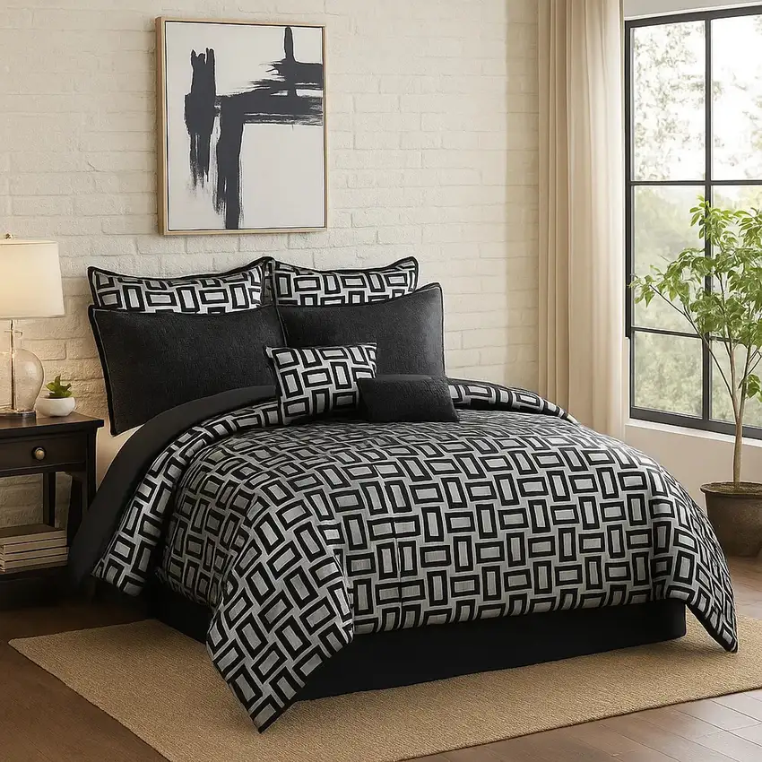 6 Piece Polyester King Comforter Set with Geometric Print, Gray and Black Photo 7