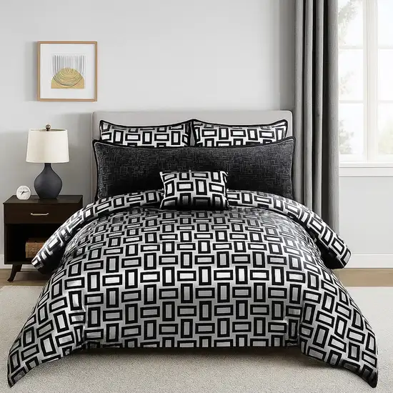 6 Piece Polyester Queen Comforter Set with Geometric Print, Gray and Black Photo 6