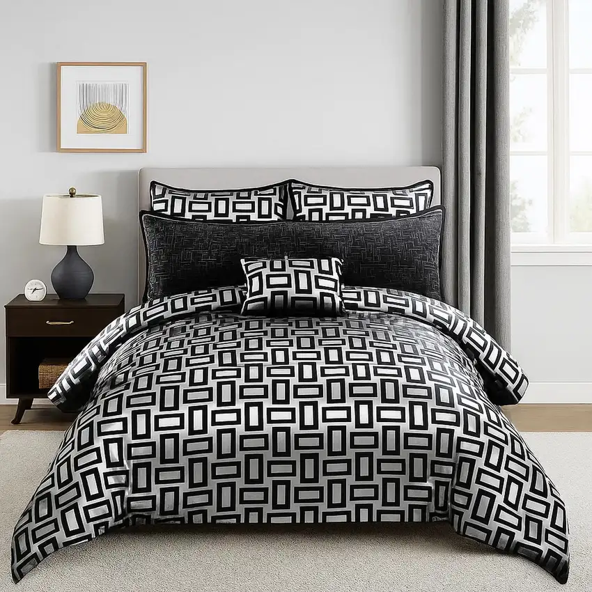 6 Piece Polyester Queen Comforter Set with Geometric Print, Gray and Black Photo 6