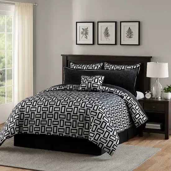 6 Piece Polyester Queen Comforter Set with Geometric Print, Gray and Black Photo 7