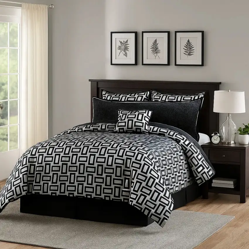 6 Piece Polyester Queen Comforter Set with Geometric Print, Gray and Black Photo 7