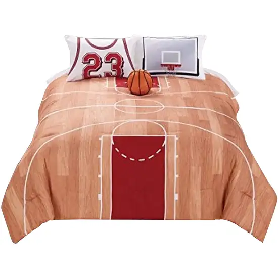 3 Piece Polyester Twin Comforter Set with Basketball Court Print, Multicolor Photo 1