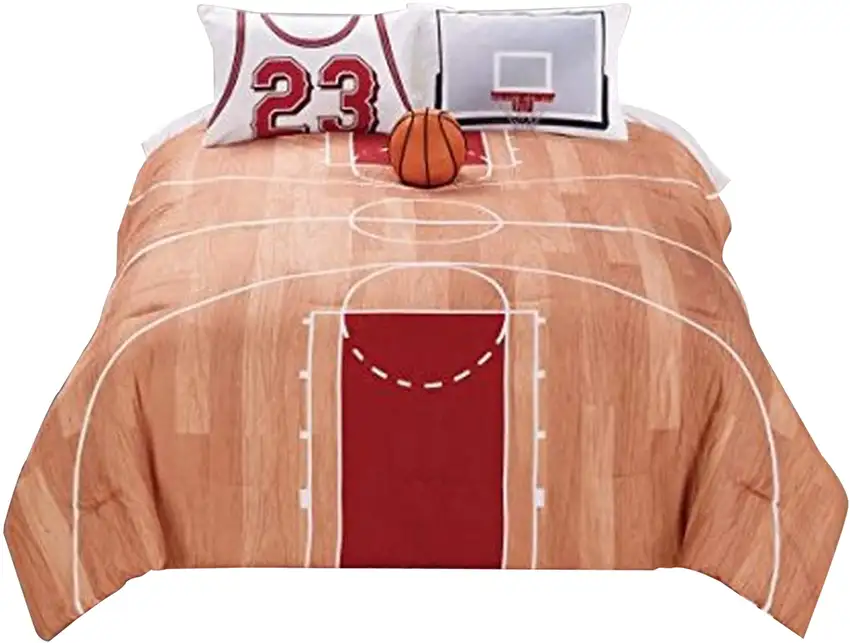 3 Piece Polyester Twin Comforter Set with Basketball Court Print, Multicolor Photo 1