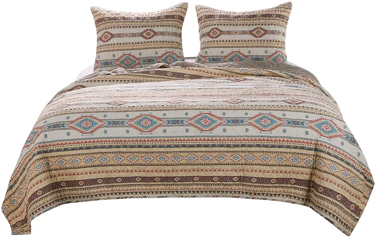 2 Piece Polyester Twin Quilt Set, Kilim Pattern Photo 1