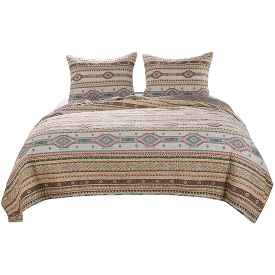 2 Piece Polyester Twin Quilt Set, Kilim Pattern Photo 1