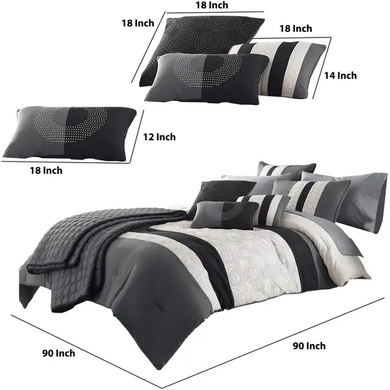 7 Piece Queen Cotton Comforter Set with Geometric Print, Gray and Black Photo 6