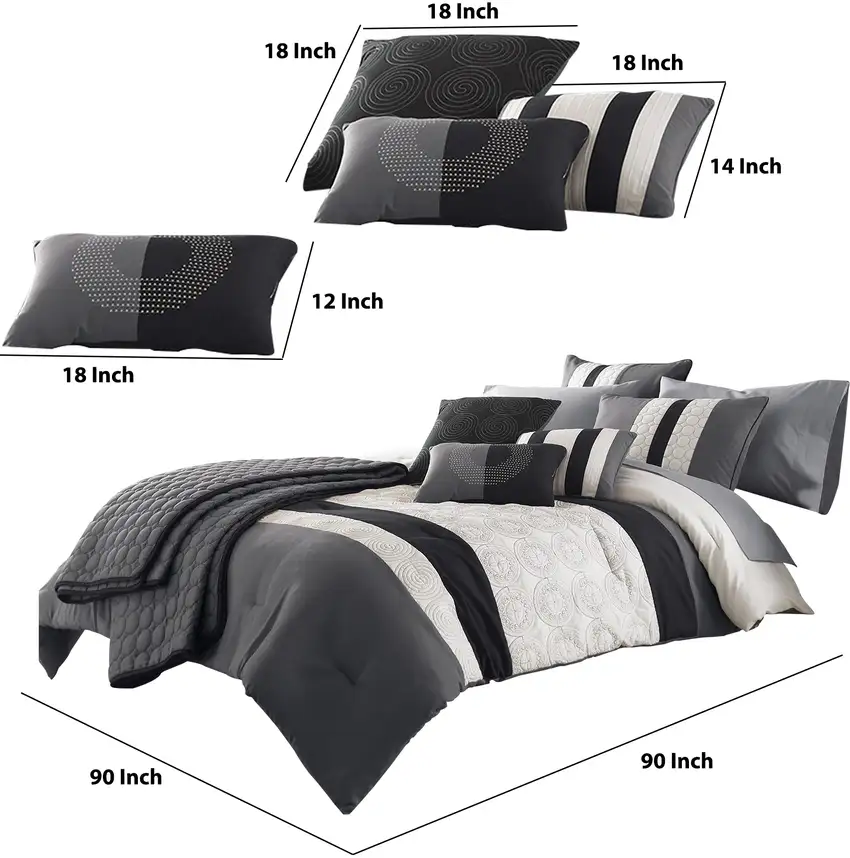 7 Piece Queen Cotton Comforter Set with Geometric Print, Gray and Black Photo 6