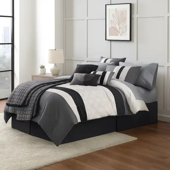 7 Piece Queen Cotton Comforter Set with Geometric Print, Gray and Black Photo 7