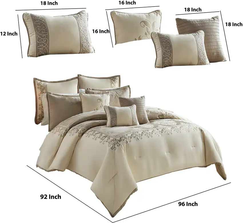 9 Piece Queen Polyester Comforter Set with Damask Print, Cream and Gold Photo 6