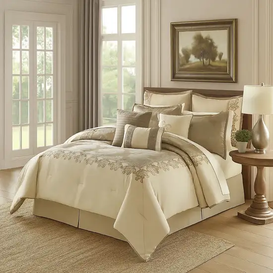 9 Piece Queen Polyester Comforter Set with Damask Print, Cream and Gold Photo 7