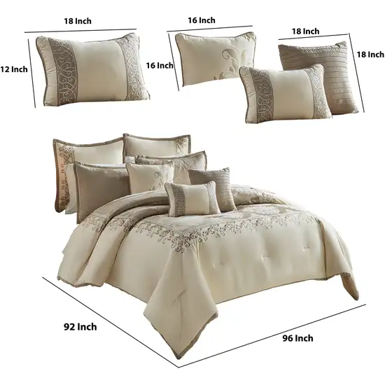 9 Piece Queen Polyester Comforter Set with Damask Print, Cream and Gold Photo 6