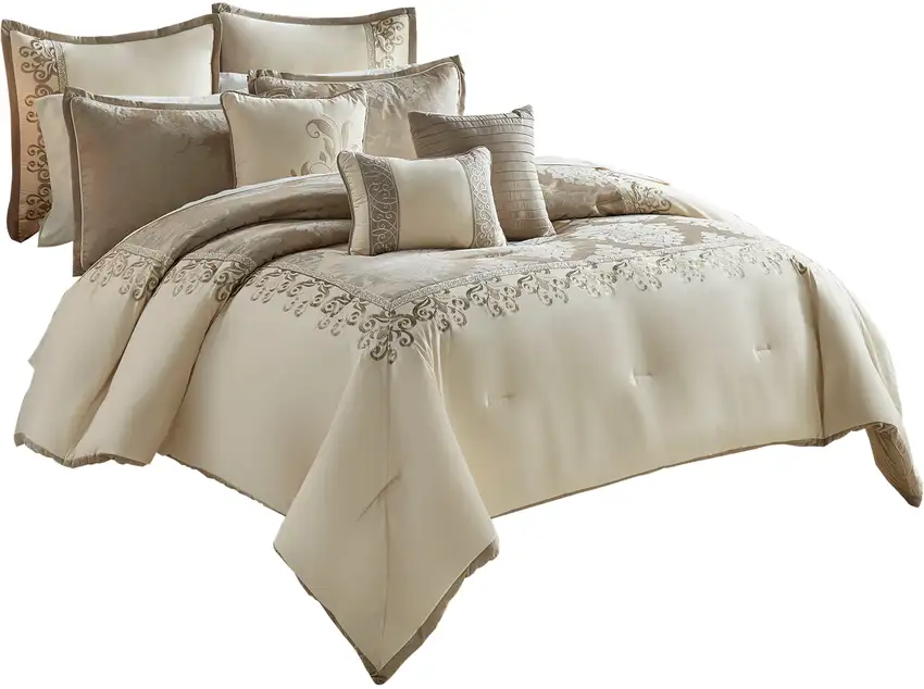 9 Piece Queen Polyester Comforter Set with Damask Print Photo 1