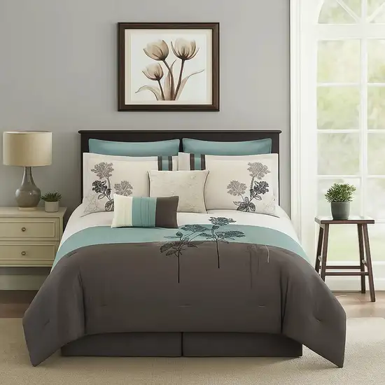 8 Piece Queen Polyester Comforter Set with Floral Embroidery, Multicolor Photo 7
