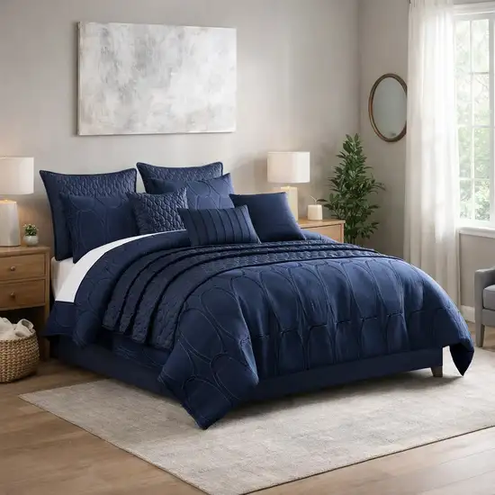 10 Piece Queen Polyester Comforter Set with Geometric Print, Dark Blue Photo 7