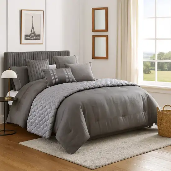 10 Piece Queen Polyester Comforter Set with Geometric Print, Gray Photo 7