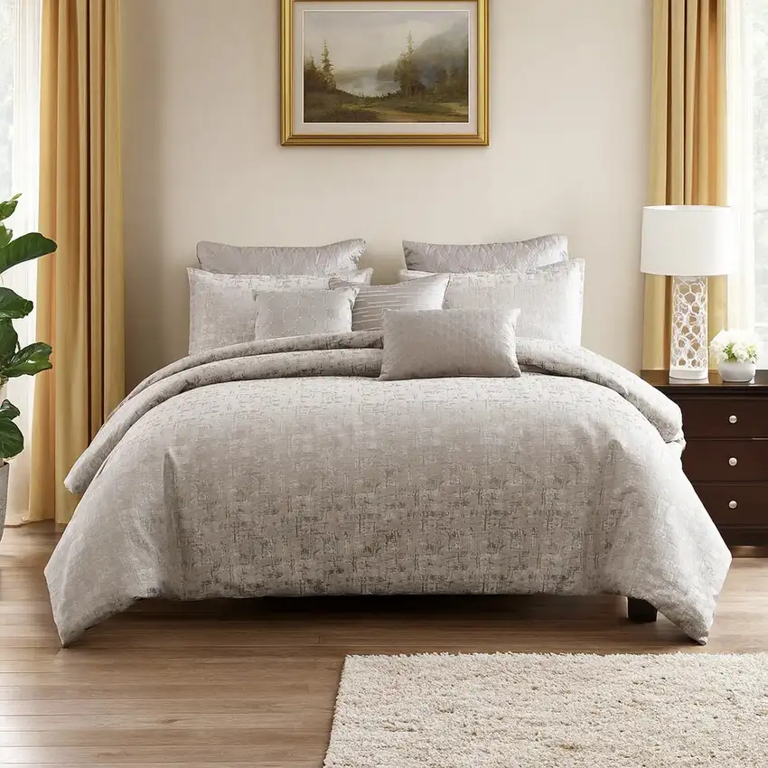 9 Piece Queen Polyester Comforter Set with Jacquard Print, Gray Photo 7