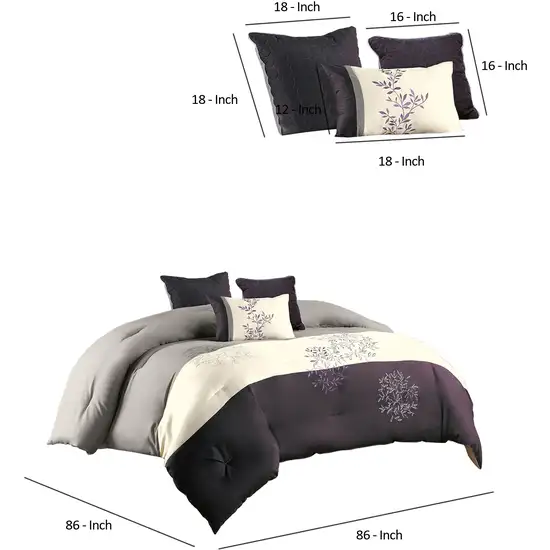 7 Piece Queen Polyester Comforter Set with Leaf Embroidery, Gray and Purple Photo 6
