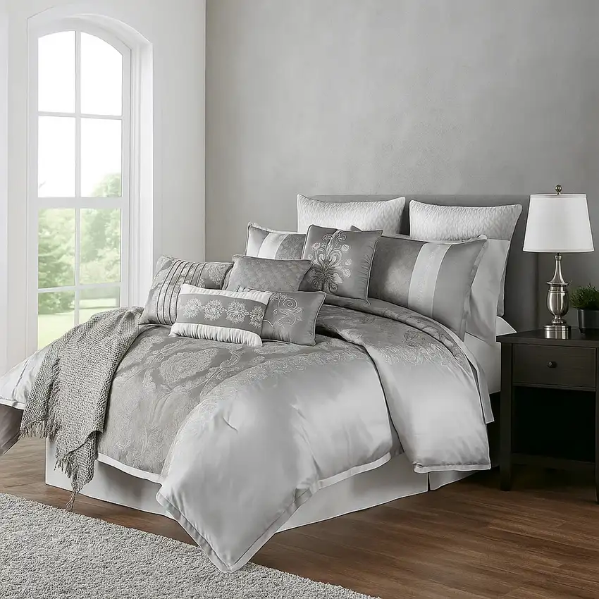 12 Piece Queen Polyester Comforter Set with Medallion Print, Platinum Gray Photo 7