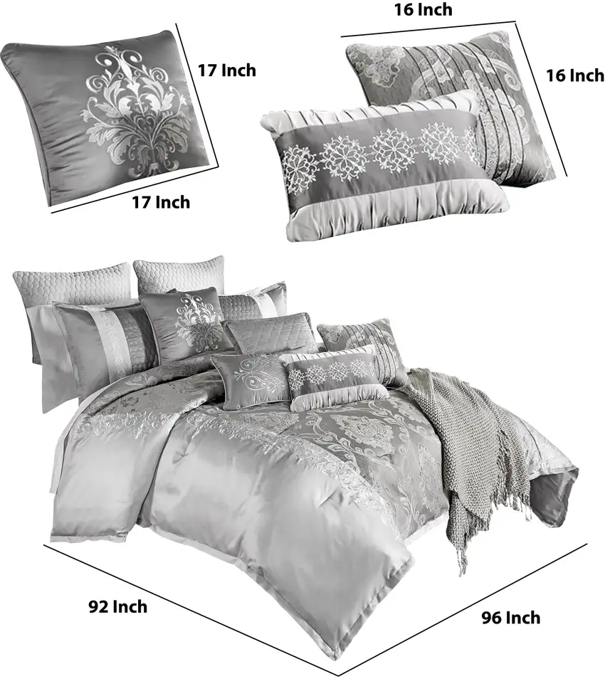 12 Piece Queen Polyester Comforter Set with Medallion Print, Platinum Gray Photo 6