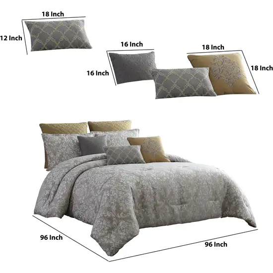8 Piece Queen Polyester Comforter Set with Medallion Print, Gray and Gold Photo 6