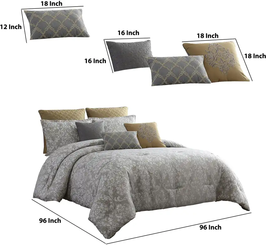 8 Piece Queen Polyester Comforter Set with Medallion Print, Gray and Gold Photo 6