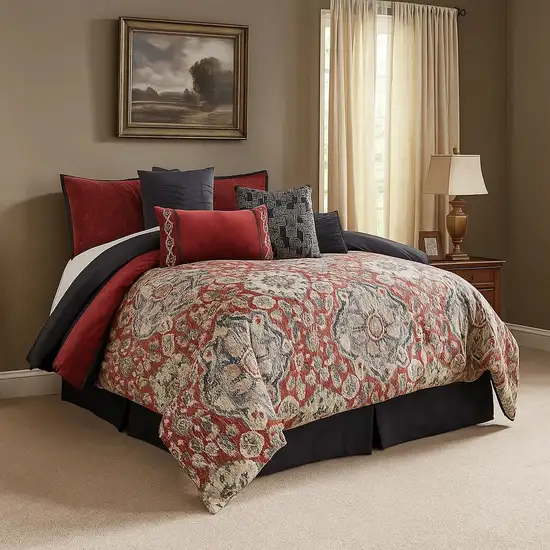 9 Piece Queen Size Comforter Set with Medallion Print, Red and Blue Photo 7