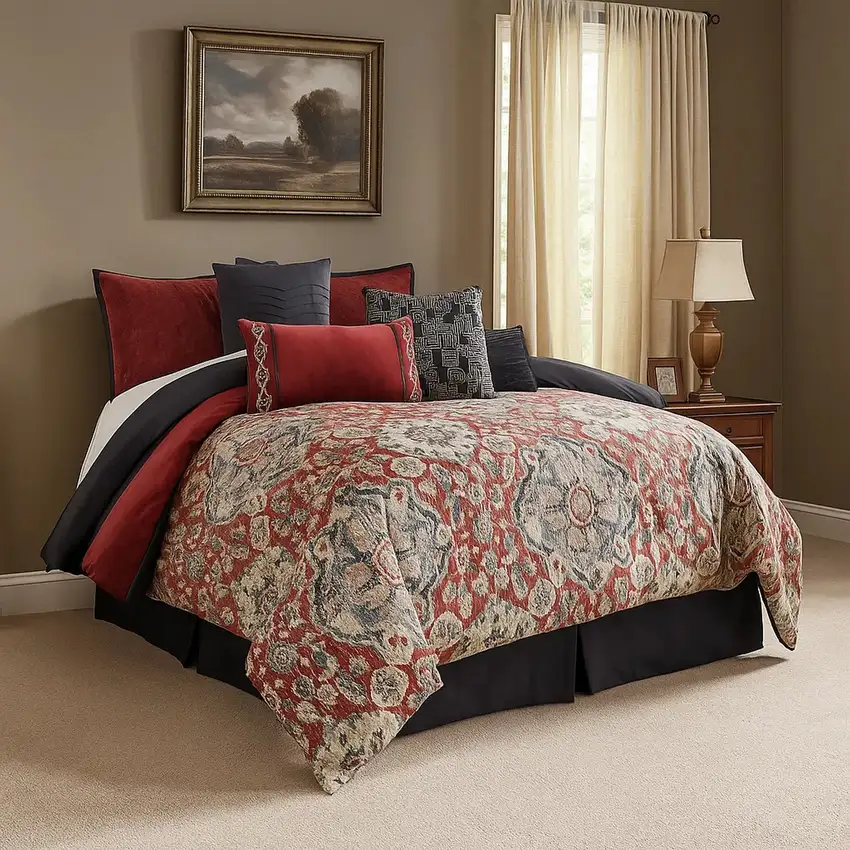 9 Piece Queen Size Comforter Set with Medallion Print, Red and Blue Photo 7