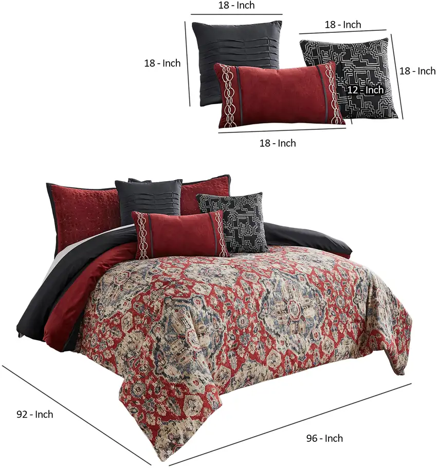 9 Piece Queen Size Comforter Set with Medallion Print, Red and Blue Photo 6