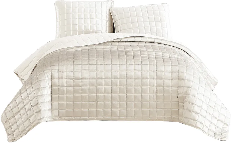 3 Piece Queen Size Coverlet Set with Stitched Square Pattern Photo 1