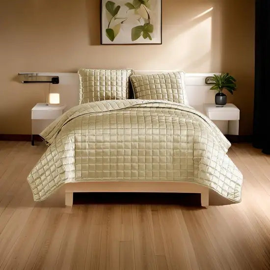 3 Piece Queen Size Coverlet Set with Stitched Square Pattern, Gold Photo 7