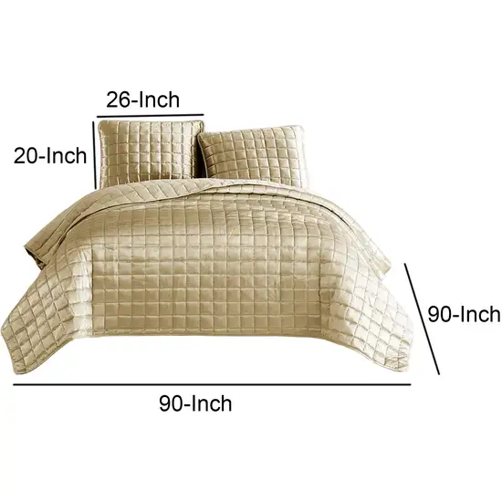 3 Piece Queen Size Coverlet Set with Stitched Square Pattern, Gold Photo 6
