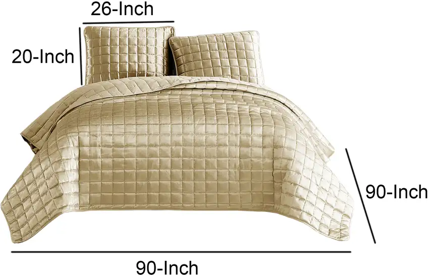 3 Piece Queen Size Coverlet Set with Stitched Square Pattern, Gold Photo 6