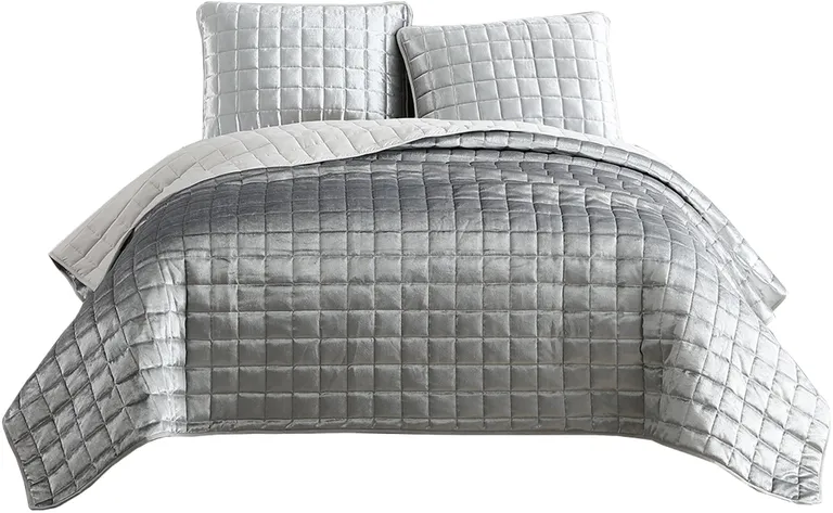 3 Piece Queen Size Coverlet Set with Stitched Square Pattern Photo 1
