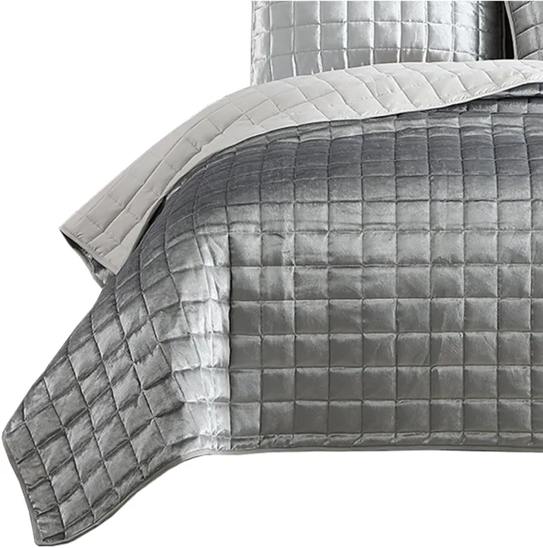 3 Piece Queen Size Coverlet Set with Stitched Square Pattern Photo 3
