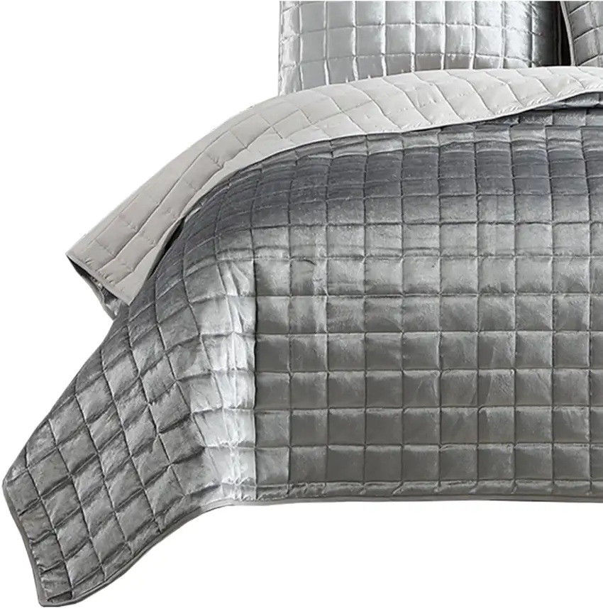 3 Piece Queen Size Coverlet Set with Stitched Square Pattern Photo 3