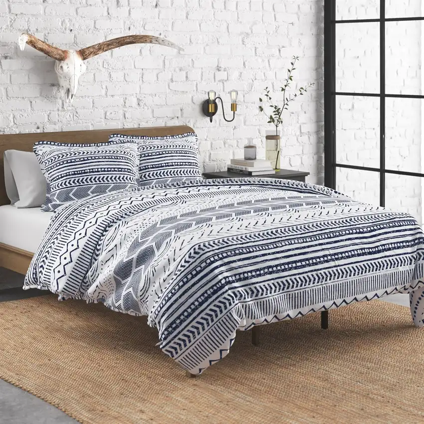 3 Piece Scandinavian Blue White Reversible Cotton Set in Full/Queen Photo 1