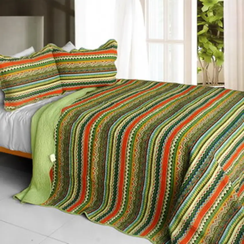 A Long Summer - 3PC Cotton Contained Vermicelli-Quilted Patchwork Quilt Set (Full/ Size) Photo 1
