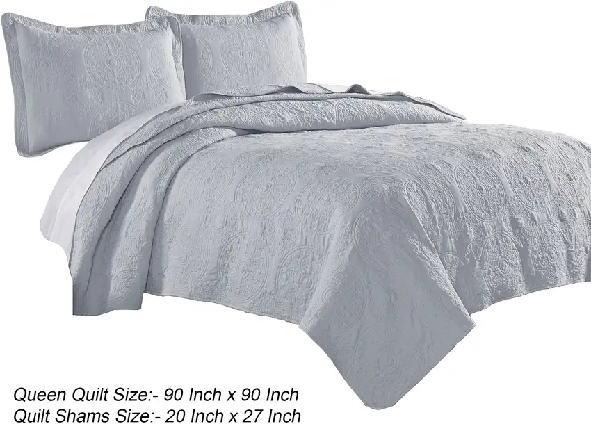 Ada 3 Piece Microfiber Full Size Quilt Set, Mandala Embroidery Photo 5