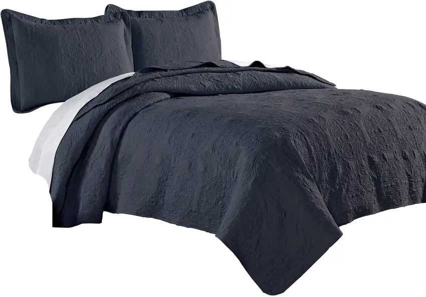 Ada 3 Piece Microfiber Full Size Quilt Set, Mandala Embroidery Photo 1