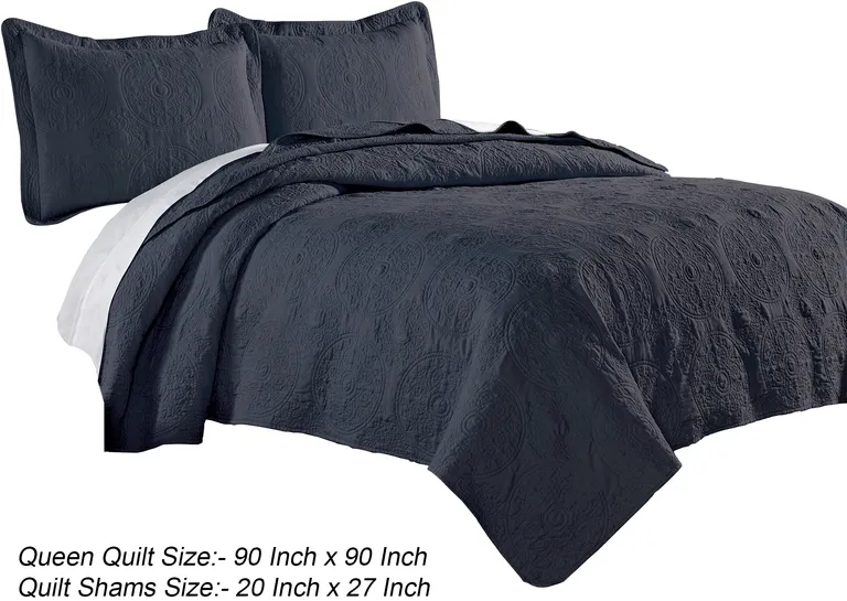 Ada 3 Piece Microfiber Full Size Quilt Set, Mandala Embroidery Photo 5