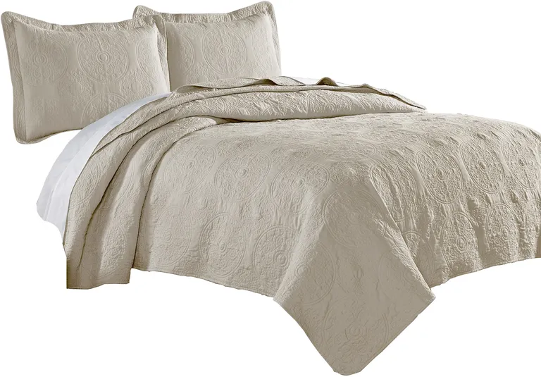 Ada 3 Piece Microfiber King Size Quilt Set, Mandala Embroidery Photo 1