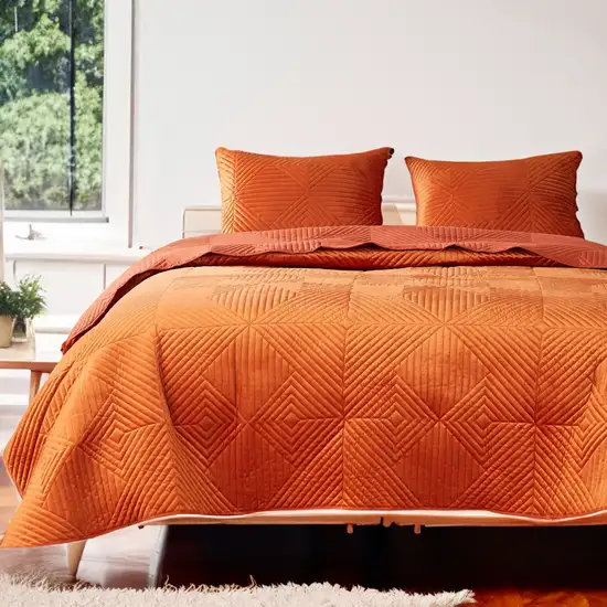 Ahab 2 Piece Velvet Twin Quilt Set, Diamond Quilting Design, Orange Photo 6