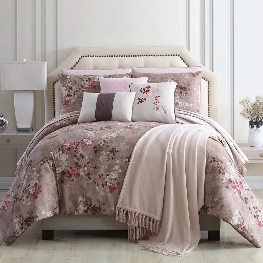 Andria 10 Piece King Size Comforter and Coverlet Set The Urban Port, Brown and Pink Photo 2