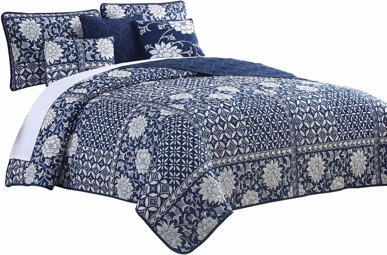 Ann 6 Piece King Size Polyester Quilt Set, Flowers, Reversible Photo 1