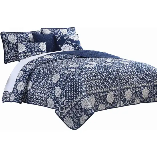 Ann 6 Piece King Size Polyester Quilt Set, Flowers, Reversible Photo 1