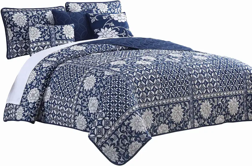 Ann 6 Piece King Size Polyester Quilt Set, Flowers, Reversible Photo 1