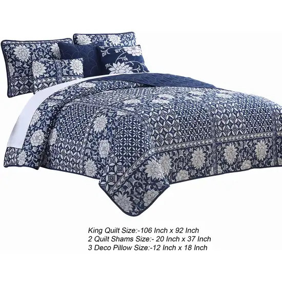 Ann 6 Piece King Size Polyester Quilt Set, Flowers, Reversible Photo 5