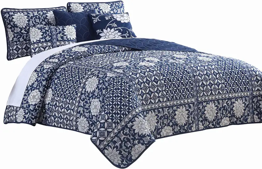 Ann 6 Piece Queen Size Polyester Quilt Set, Flowers, Reversible Photo 1