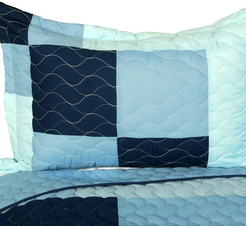 Azurite -  Vermicelli-Quilted Patchwork Plaid Quilt Set Full/Queen Photo 2